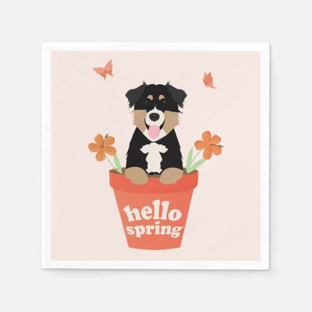 Australian Shepherd Dog In Flower Pot Napkin (Front)