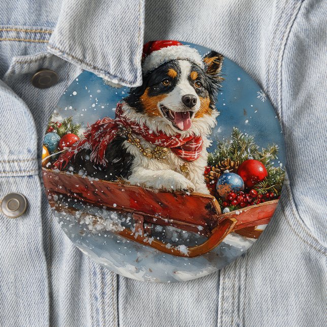 Australian Shepherd Dog in Sledge Chriistmas 6 Cm Round Badge (In Situ)