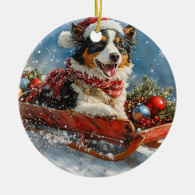 Australian Shepherd Dog in Sledge Chriistmas Ceramic Ornament (Front)