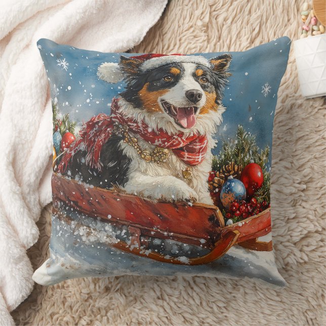 Australian Shepherd Dog in Sledge Chriistmas Cushion (Blanket)