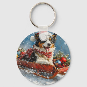 Australian Shepherd Dog in Sledge Chriistmas Key Ring
