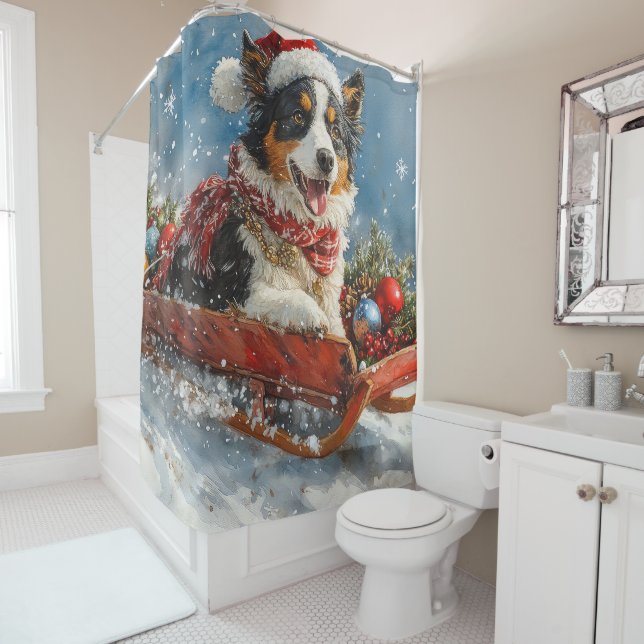Australian Shepherd Dog in Sledge Chriistmas Shower Curtain (In Situ)