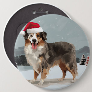 Australian Shepherd Dog in Snow Christmas 6 Cm Round Badge
