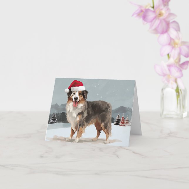 Australian Shepherd Dog in Snow Christmas  Card (Orchid)