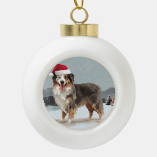 Australian Shepherd Dog in Snow Christmas Ceramic Ball Christmas Ornament