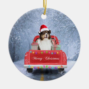 Australian Shepherd Dog in Snow Christmas Ceramic Ornament