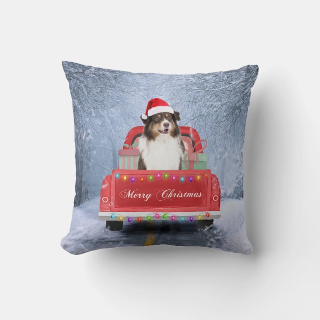 Australian Shepherd Dog in Snow Christmas Cushion (Front)