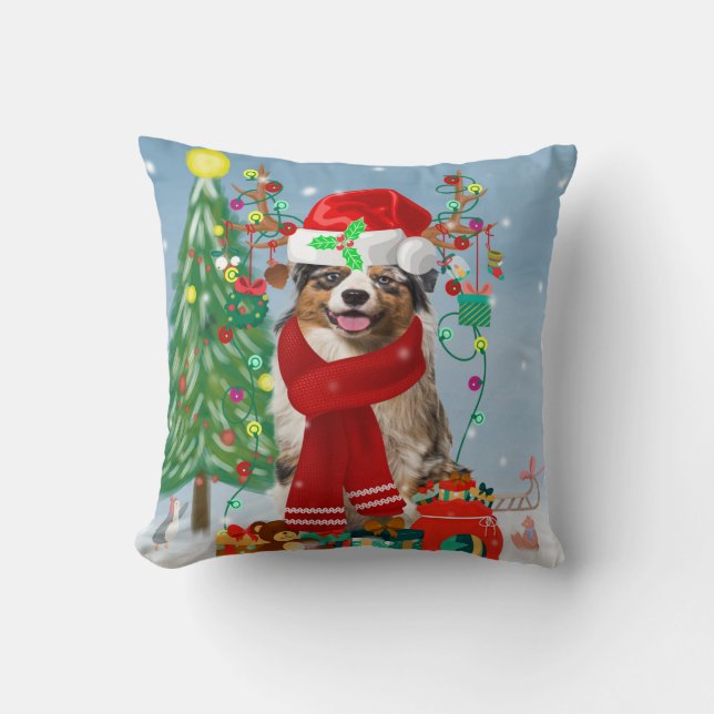 Australian Shepherd Dog in Snow Christmas  Cushion (Front)