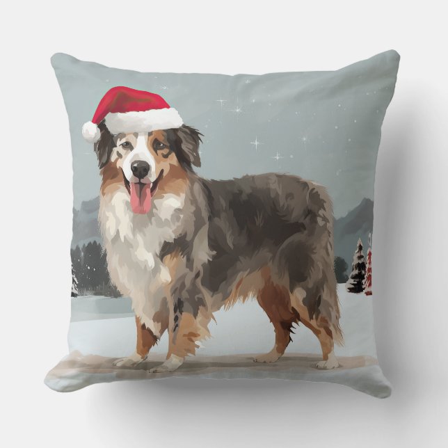 Australian Shepherd Dog in Snow Christmas  Cushion (Front)