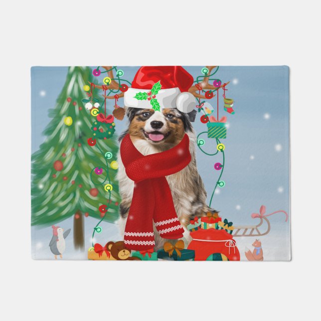 Australian Shepherd Dog in Snow Christmas  Doormat (Front)