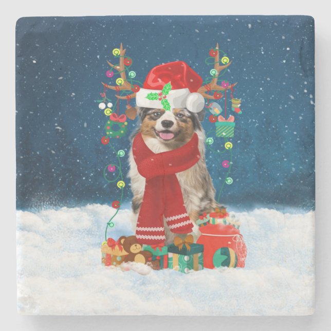 Australian Shepherd Dog in Snow Christmas Gift  Stone Coaster (Front)