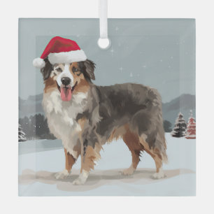 Australian Shepherd Dog in Snow Christmas  Glass Tree Decoration