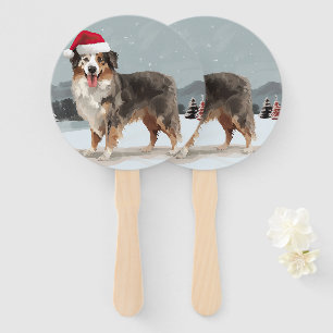 Australian Shepherd Dog in Snow Christmas  Hand Fan