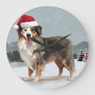 Australian Shepherd Dog in Snow Christmas Large Clock