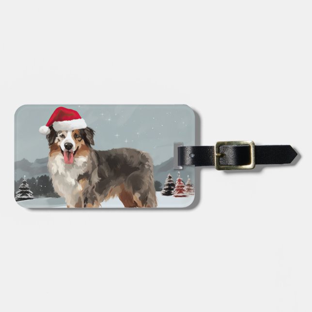 Australian Shepherd Dog in Snow Christmas  Luggage Tag (Front Horizontal)