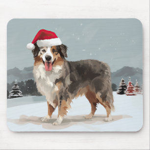 Australian Shepherd Dog in Snow Christmas  Mouse Pad
