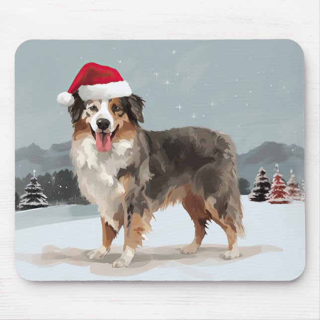 Australian Shepherd Dog in Snow Christmas  Mouse Pad (Front)