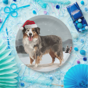 Australian Shepherd Dog in Snow Christmas  Paper Plate
