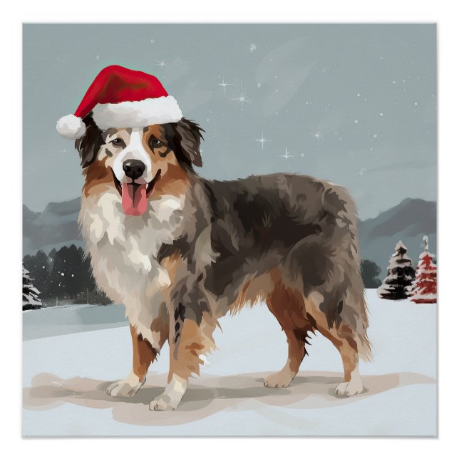 Australian Shepherd Dog in Snow Christmas  Poster (Front)