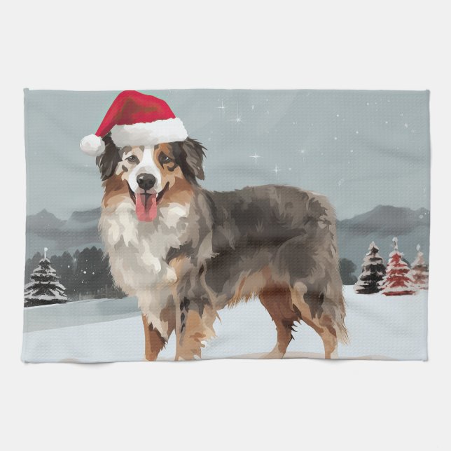 Australian Shepherd Dog in Snow Christmas  Tea Towel (Horizontal)