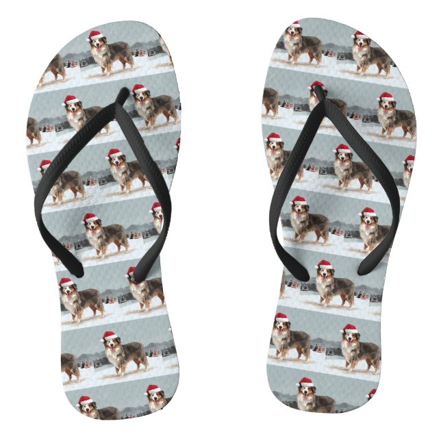 Australian Shepherd Dog in Snow Christmas  Thongs (Footbed)