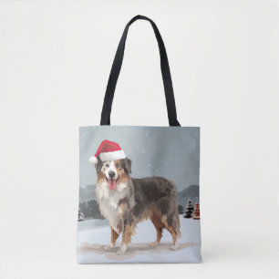 Australian Shepherd Dog in Snow Christmas Tote Bag