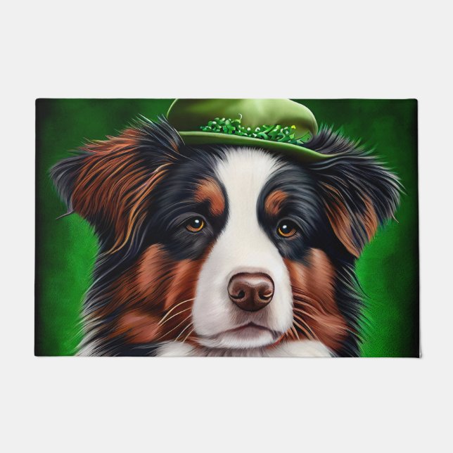 Australian Shepherd dog in St. Patrick's Day Dress Doormat (Front)
