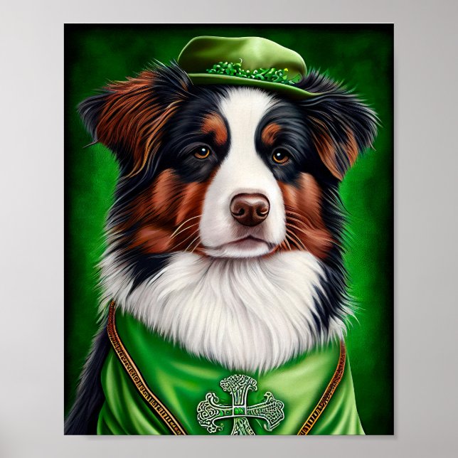 Australian Shepherd dog in St. Patrick's Day Dress Poster (Front)