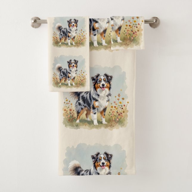 Australian Shepherd Dog Merle Long Tail Bath Towel Set (Insitu)
