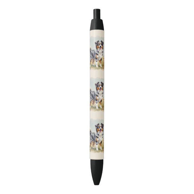 Australian Shepherd Dog Merle Long Tail Black Ink Pen (Front Vertical)