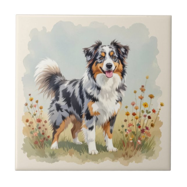 Australian Shepherd Dog Merle Long Tail Ceramic Tile (Front)