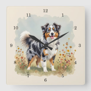 Australian Shepherd Dog Merle Long Tail Square Wall Clock