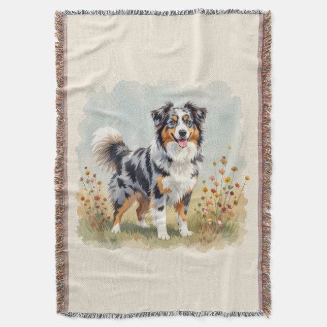 Australian Shepherd Dog Merle Long Tail Throw Blanket (Front Vertical)