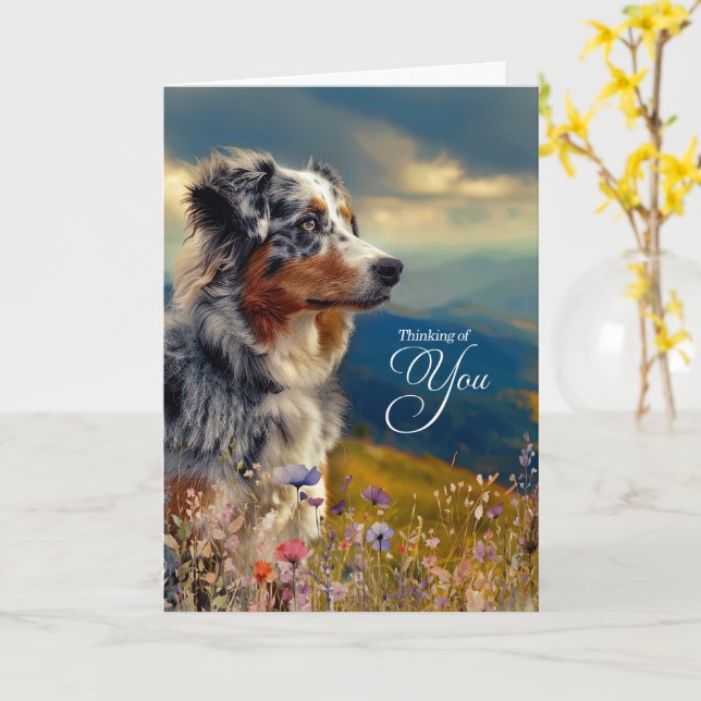 Australian Shepherd Dog Mountains Thinking of You Card (Yellow Flower)