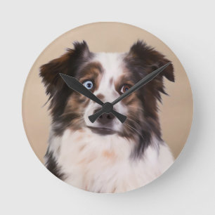 Australian Shepherd Dog Oil Painting Art Round Clock