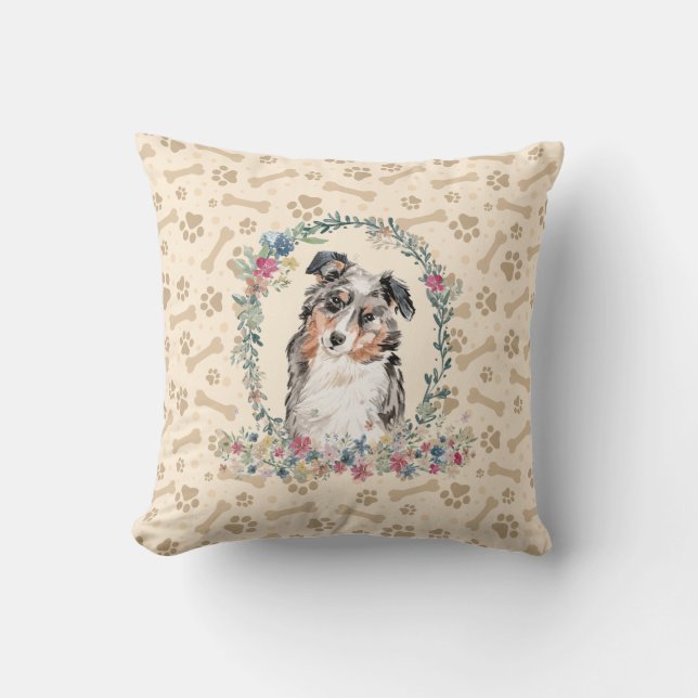 Australian Shepherd Dog Paw Print & Floral Cute Cushion (Front)