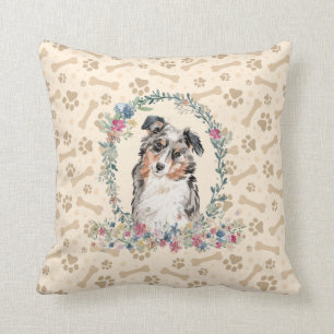 Australian Shepherd Dog Paw Print & Floral Cute Cushion