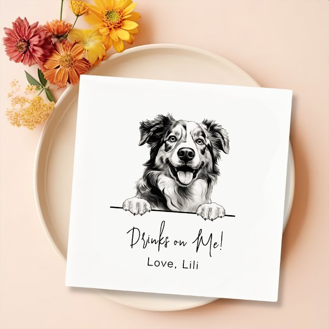 Australian Shepherd Dog Personalised Drinks On Me Napkin (Creator Uploaded)