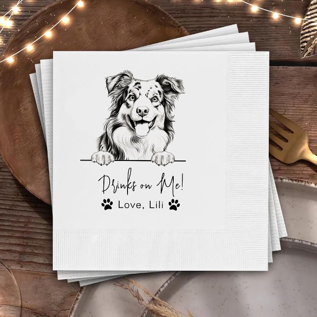Australian Shepherd Dog Personalised Drinks On Me Napkin (Creator Uploaded)