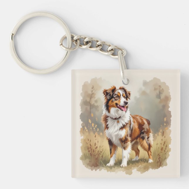 Australian Shepherd Dog Red Merle Aussie Key Ring (Front)