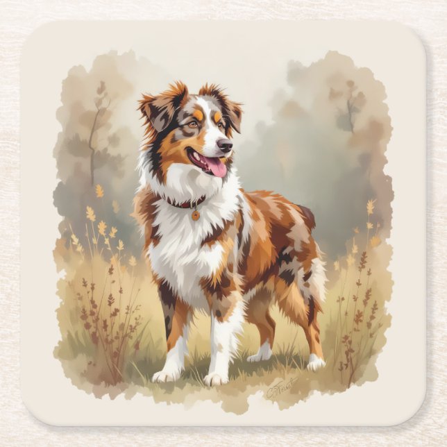 Australian Shepherd Dog Red Merle Aussie Square Paper Coaster (Front)