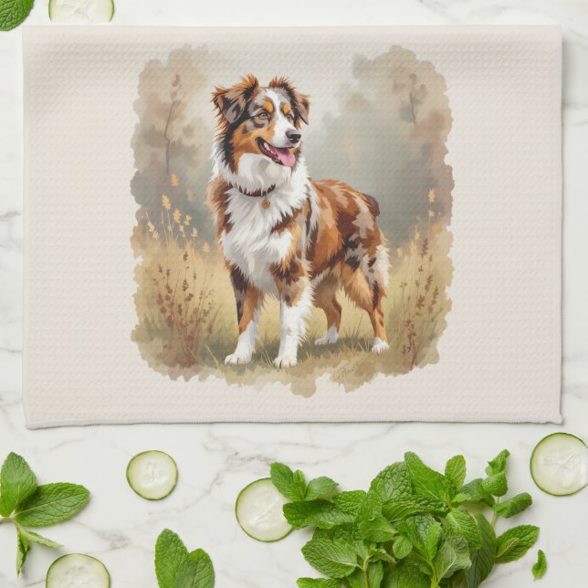 Australian Shepherd Dog Red Merle Aussie Tea Towel (Folded)