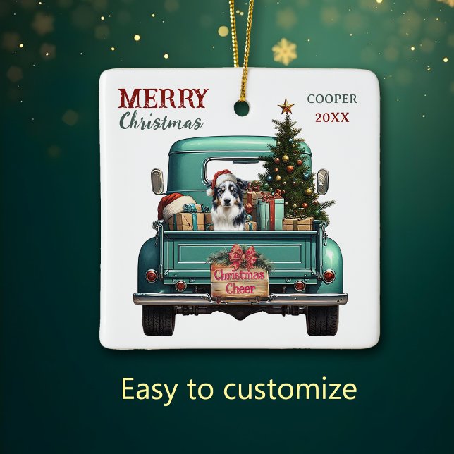 Australian Shepherd Dog Retro Truck Christmas Ceramic Ornament (Creator Uploaded)