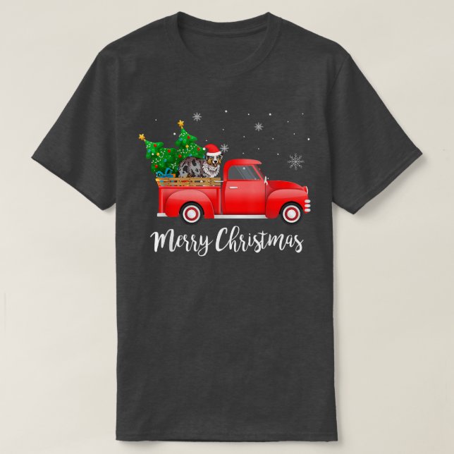 Australian Shepherd Dog Riding Red Truck Christmas T-Shirt (Design Front)