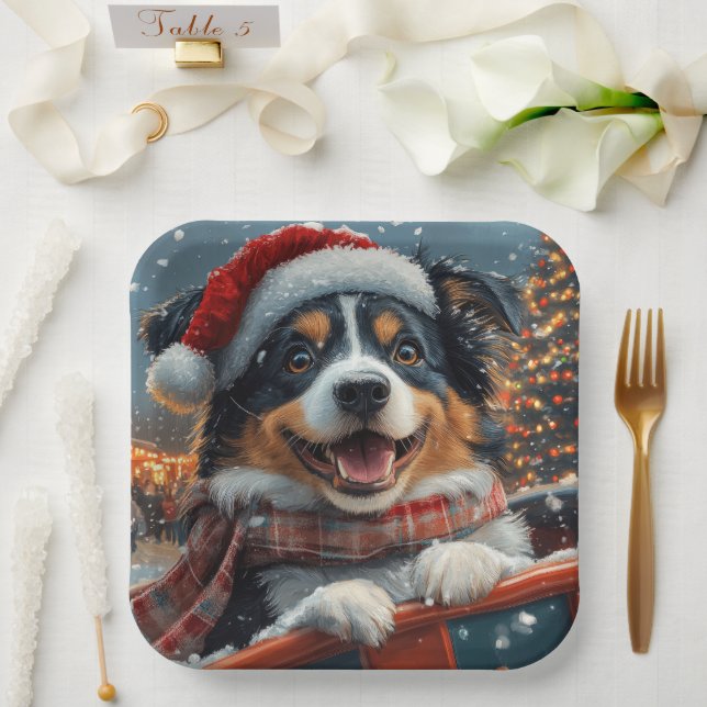 Australian Shepherd Dog Roller Coaster Christmas Paper Plate (Wedding)