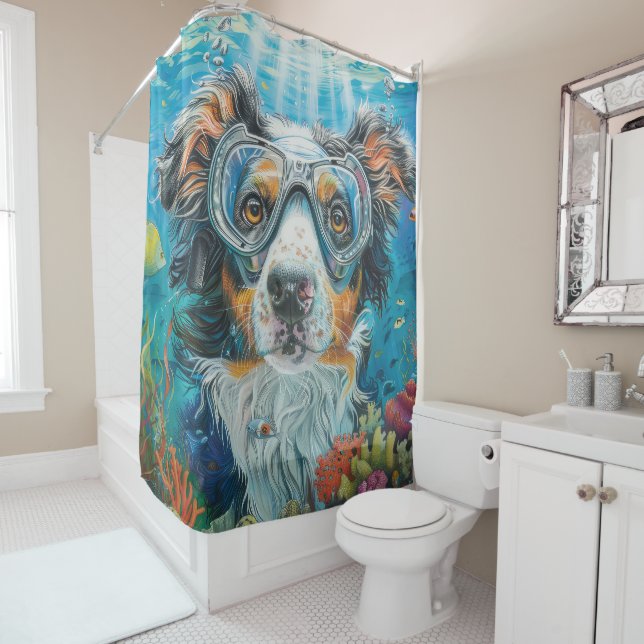 Australian Shepherd Dog Scuba Diving Underwater Shower Curtain (In Situ)