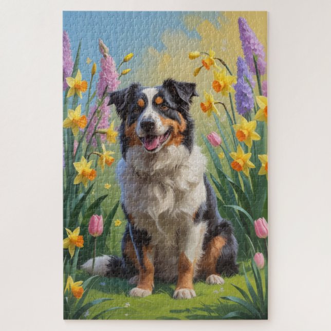 Australian Shepherd Dog Spring Flowers Painting Jigsaw Puzzle (Vertical)