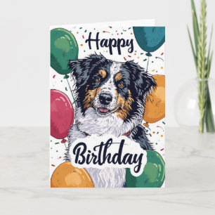Australian Shepherd Dog with Balloons Birthday Card