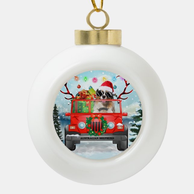 Australian Shepherd dog with Christmas gifts Ceramic Ball Christmas Ornament (Front)