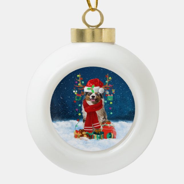 Australian Shepherd dog with Christmas gifts Ceramic Ball Christmas Ornament (Front)